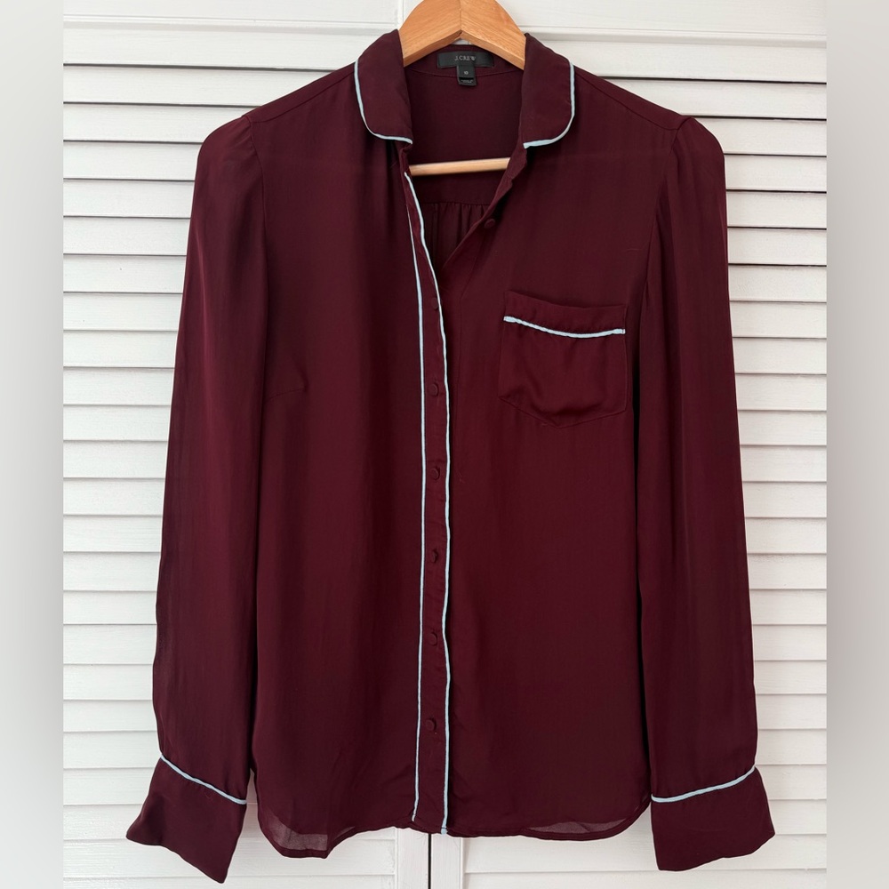J Crew Silk Raspberry Button-Up Blouse with baby blue Trim